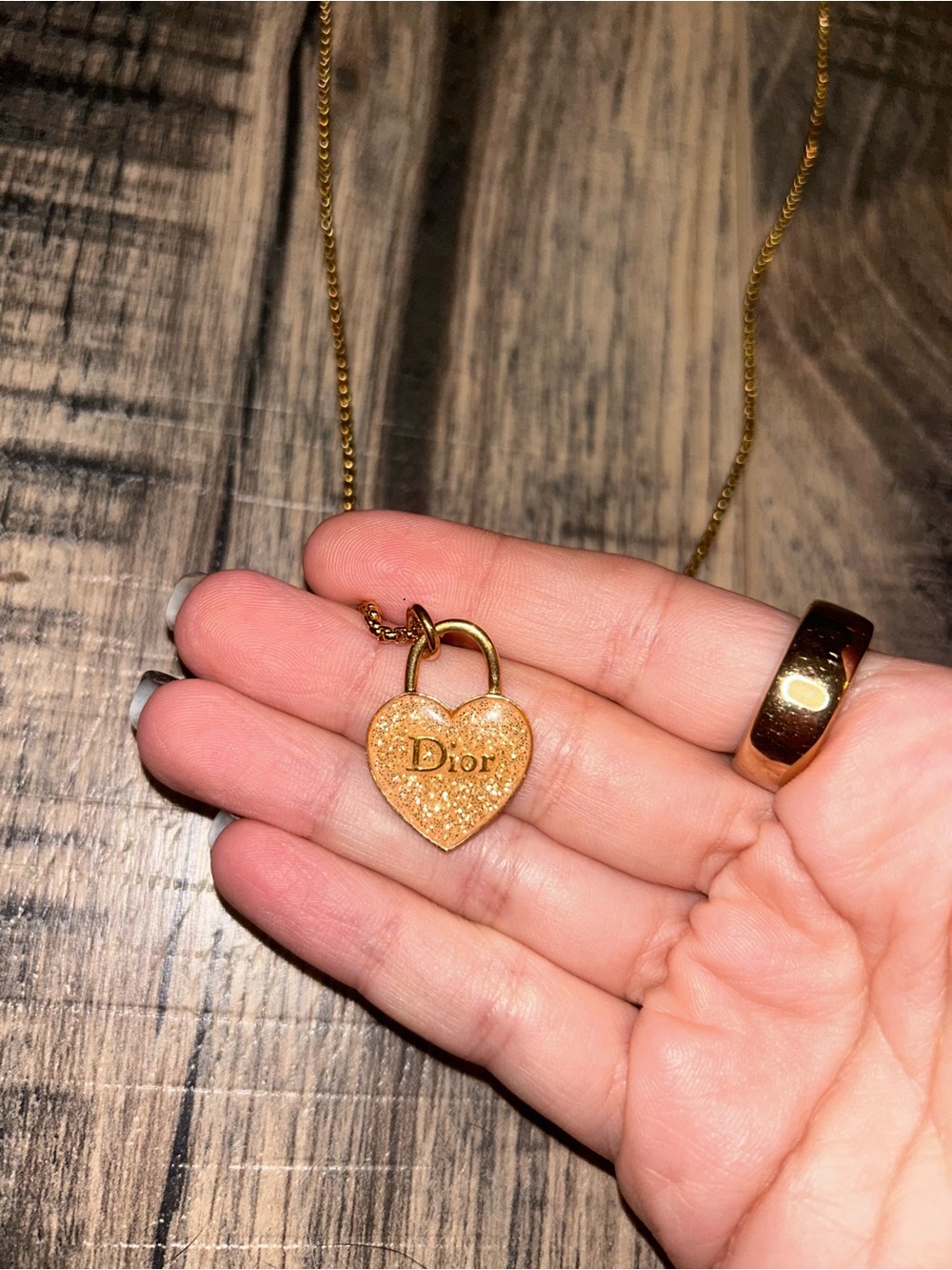 Dior Glitter Gold Heart Padlock Necklace